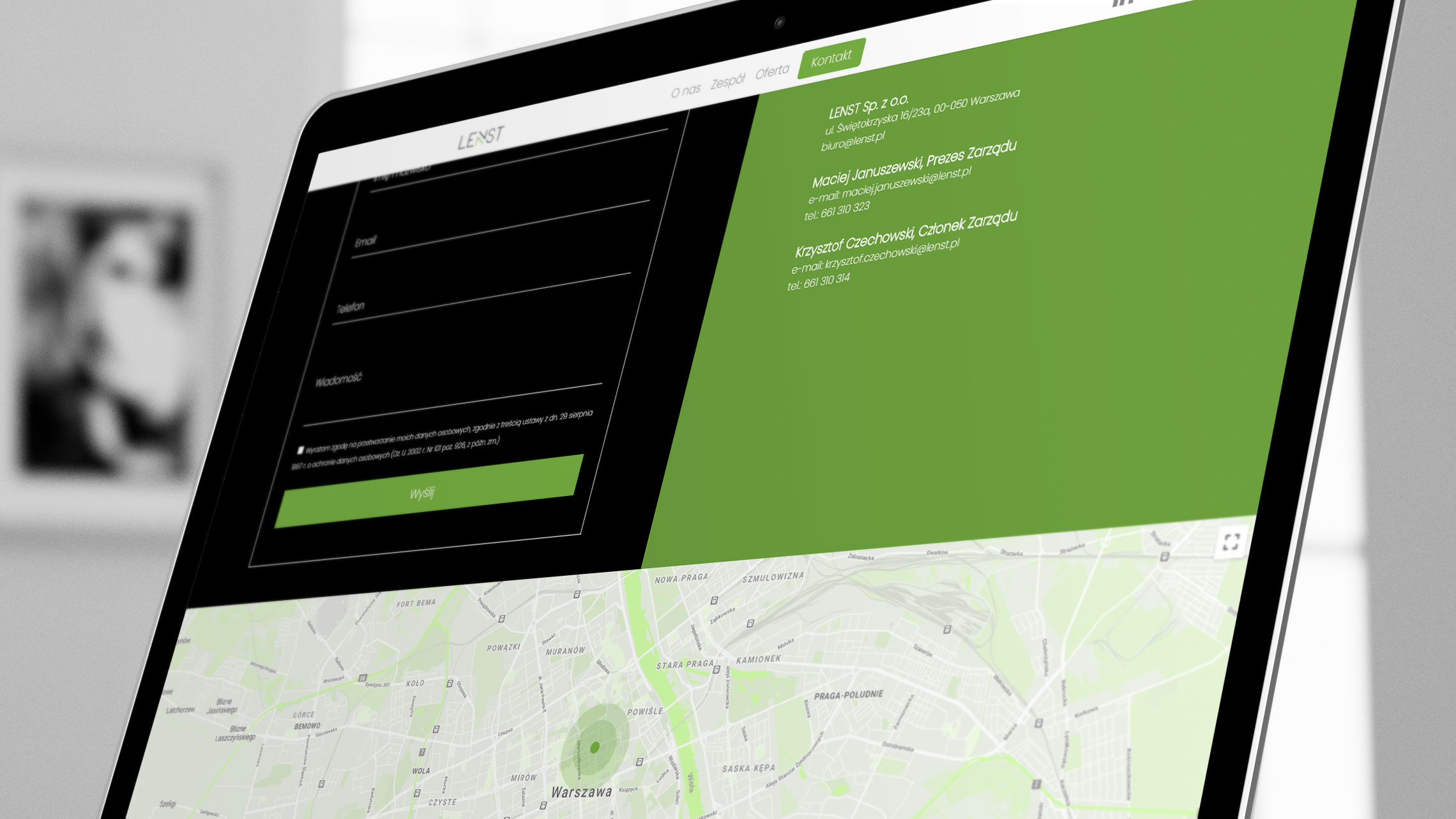 Sekcja kontakt na&nbsp;stronie internetowej Lenst