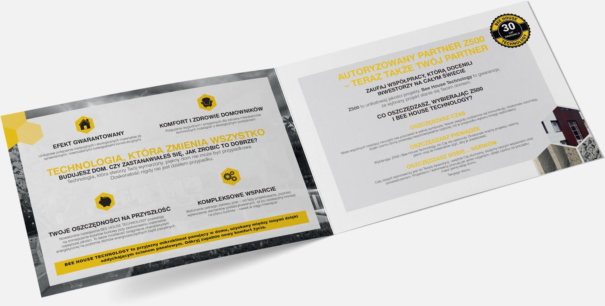 Projekt graficzny i&nbsp;produkcja folderu reklamowego dla firmy budowlanej Bee House Technology