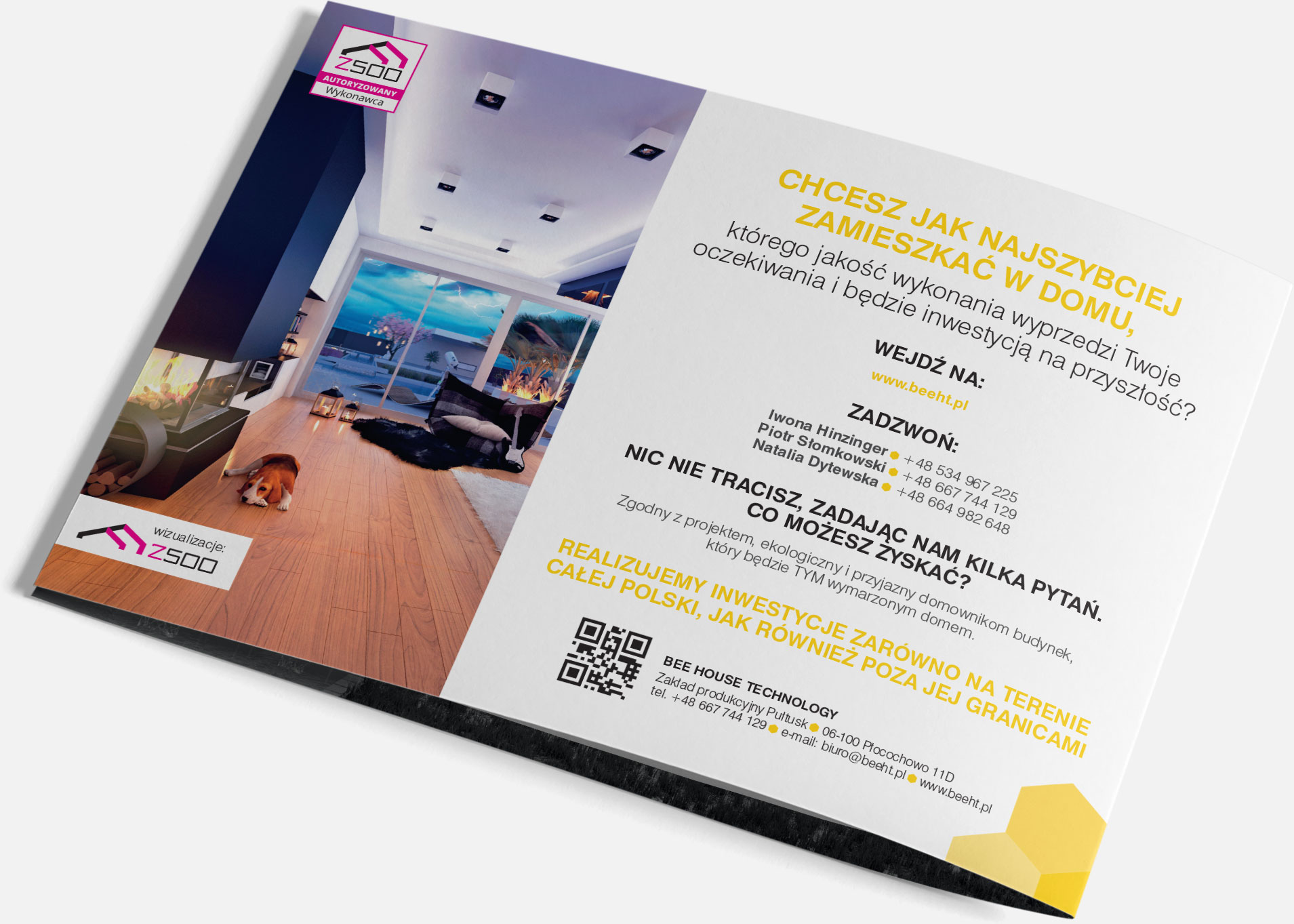 Projekt graficzny i&nbsp;produkcja folderu reklamowego dla firmy budowlanej Bee House Technology